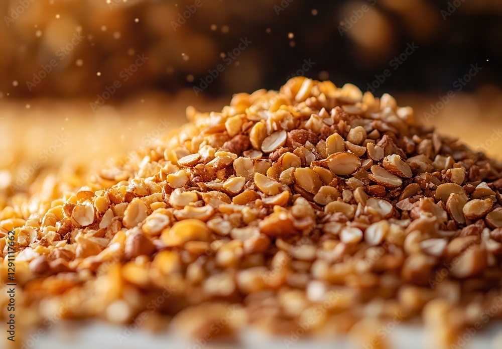Poster close-up of golden roasted seeds sitting on a surface with bokeh background and light dust particles