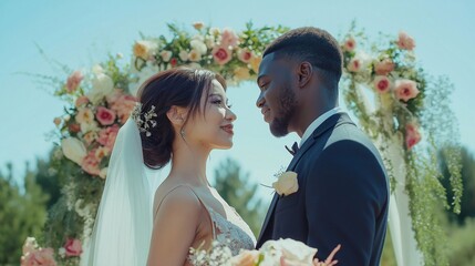 Bride and black groom are smiling and looking at each other during their wedding ceremony under a beautiful floral arch, celebrating their love and commitment. Diverse couple getting married