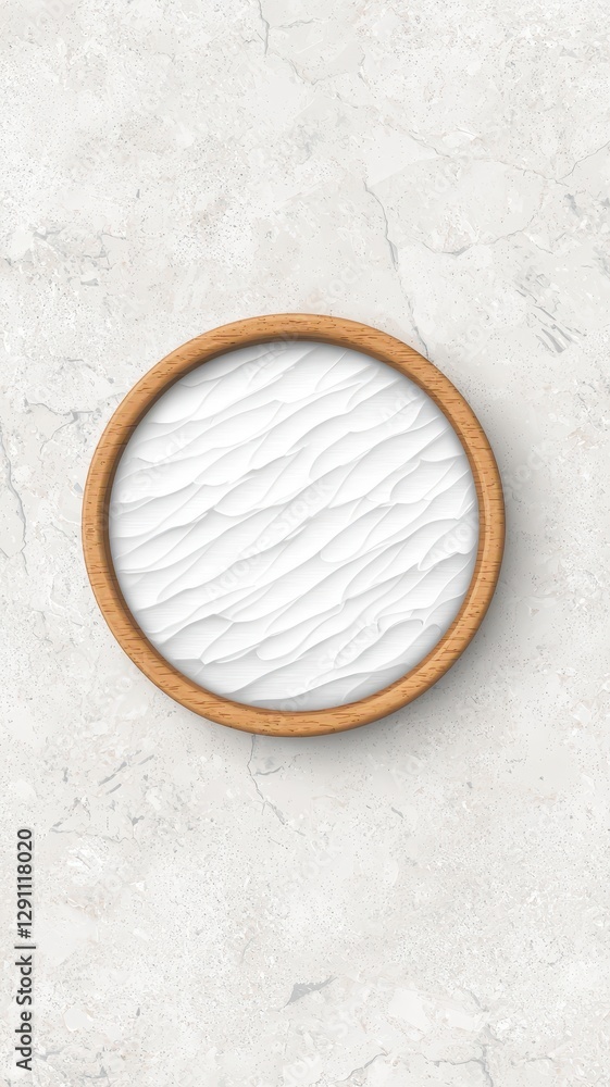 Poster white textured surface in a wooden round frame on marble background perfect for design projects or w