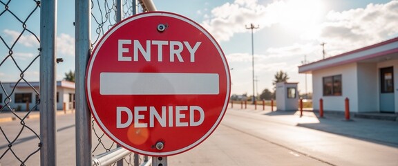 Entry denied sign at security gate under bright sky, access restriction