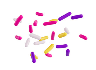 Bright and colorful candy sprinkles scattered and floating in mid-air, 3d illustration