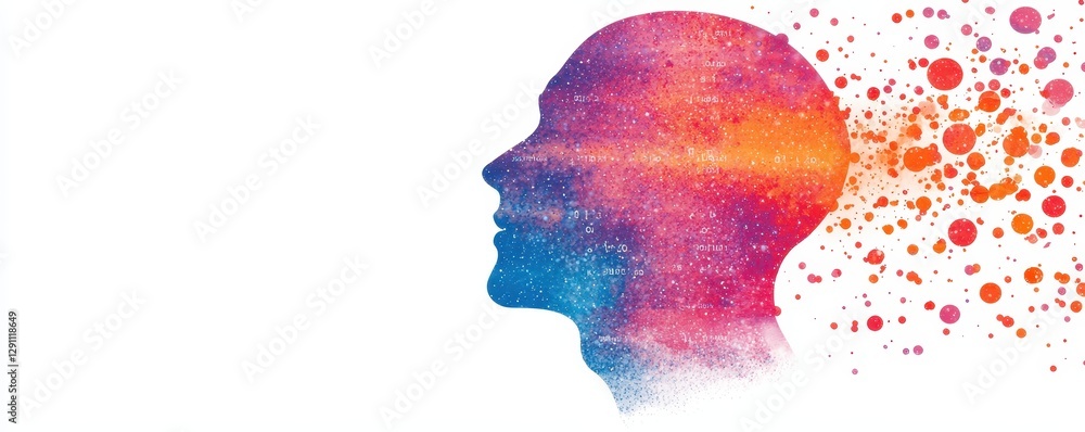 Poster Abstract Colorful Head Profile with Galaxy Texture and Exploding Dots Creative Mind Concept Image