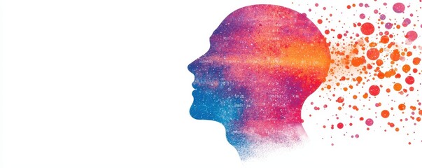 Abstract Colorful Head Profile with Galaxy Texture and Exploding Dots Creative Mind Concept Image