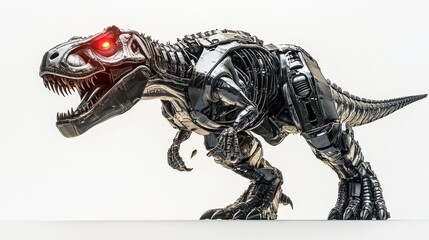 Grey Metallic Robotic T Rex Dinosaur with Red Eyes on White Background
