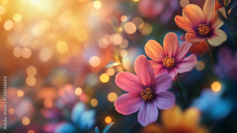 Poster a colorful array of spring flowers fills the garden with life and joy. warm sunlight enhances their 