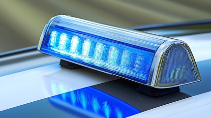 Blue Emergency Light on Police Vehicle Roof with Reflection Effects