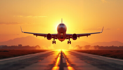 Fototapeta premium Airplane taking off at sunset over runway