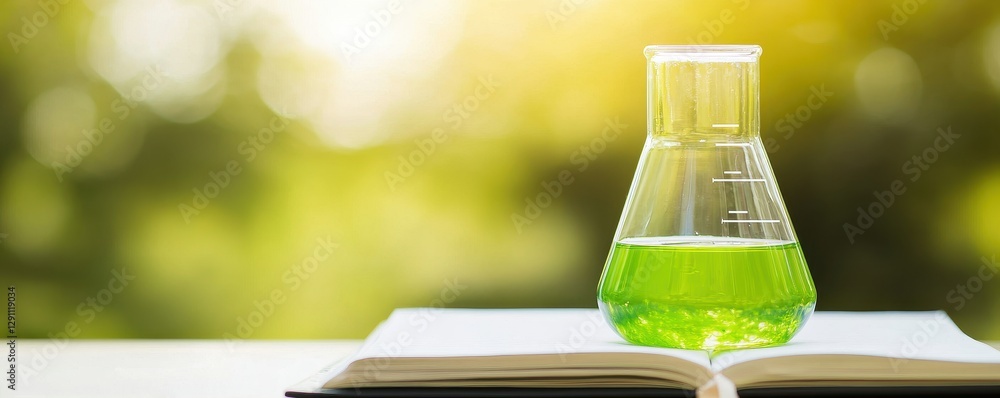 Poster green liquid in erlenmeyer flask rests on an open book against a blurred natural background study of