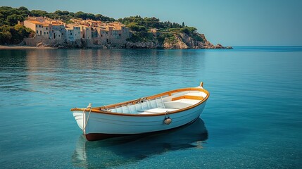 Fototapeta premium Serene Coastal Village with Rowboat
