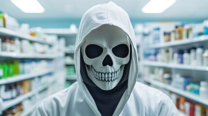 Thief alert in a health store, with employees noticing unusual activity. Featuring rapid response and health product security