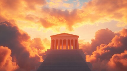 Fototapeta premium Temple on Stairway to Heaven with Orange Clouds