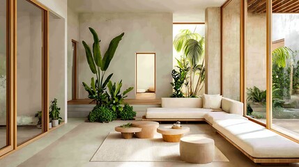 Fototapeta premium self-care routines mindfulness balance. A modern, airy living room featuring natural light, plants, and minimalist furniture, creating a serene and inviting atmosphere.