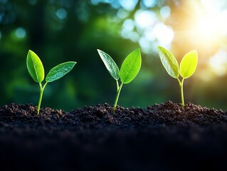 Three young seedlings growing in rich soil nature macro photography garden close-up growth inspiration