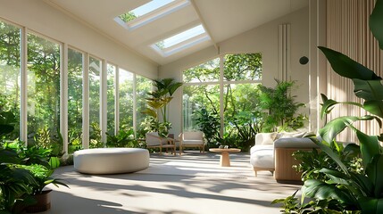 Fototapeta premium self-care routines mindfulness balance. A bright, airy room filled with lush greenery, featuring large windows and a cozy seating area, creating a serene indoor oasis.