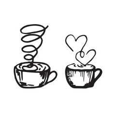 graphics of black and white mugs with hot drink set on white background. the basis for the design of postcards-stickers, fabrics, dishes .vector composition