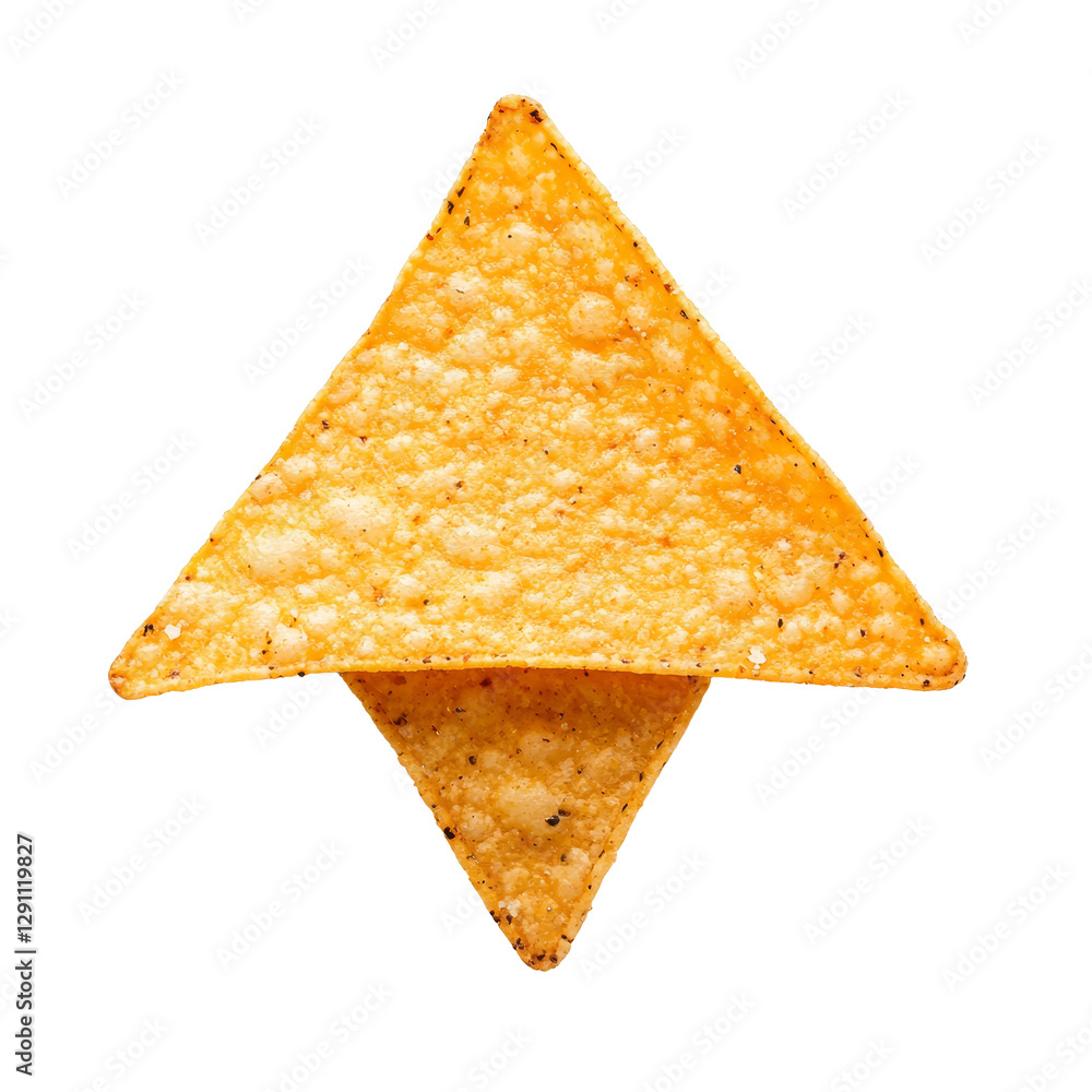 Poster a single nacho chip on a transparent background, showcasing its unique triangular shape and texture 