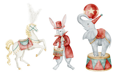 Watercolor illustration of Circus horse, a drumming rabbit and an elephant balancing a ball. Drawing of carnival animals for Baby shower greeting cards or childish nursery posters. Art for cards © Alisles