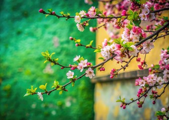 Tilt-shift photography transforms spring blossoms and green leaves on a stucco wall into a whimsical miniature scene.
