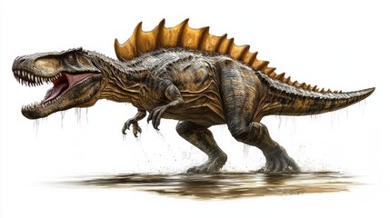 Obraz premium Powerful Gray and Gold Dinosaur Roaring in Mud, Detailed Digital Painting