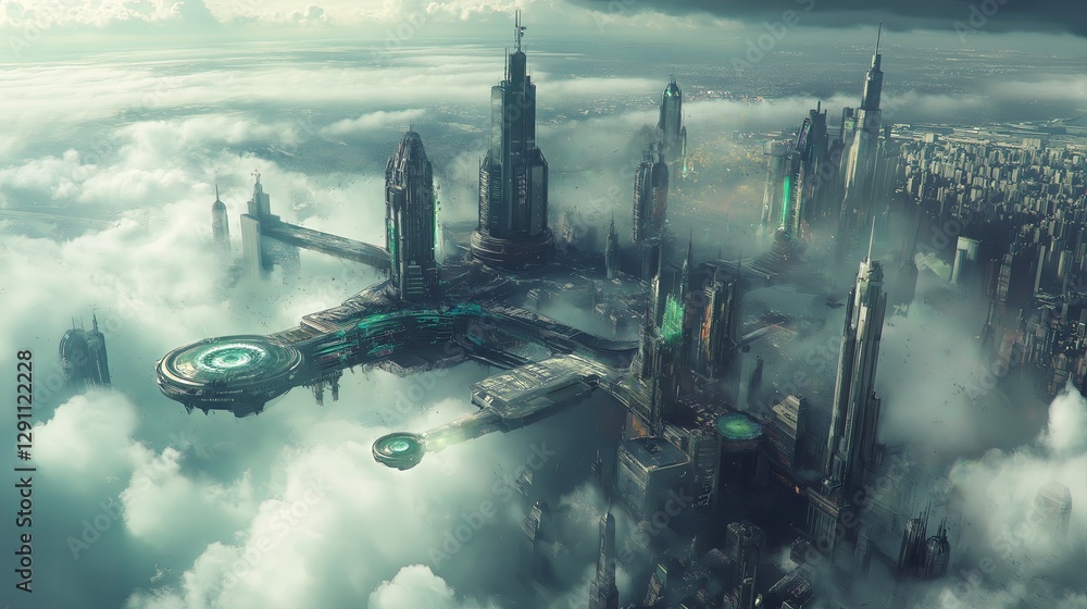 Poster a bird’s-eye view of a futuristic floating city in the clouds.