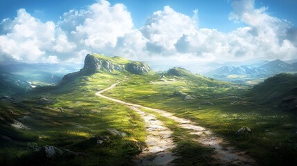 Fototapeta premium Serene Landscape with Winding Path Through Lush Green Hills