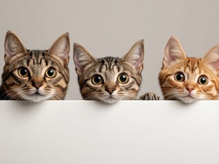 Three Cute Cats Looking Over a White Edge
