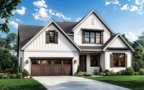 Mansion lujosa estilo claslico rustico de madera, con tejados en forma de triangulo, dos plantas, jardin, y garaje