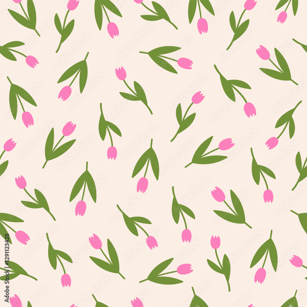 Poster seamless pattern with random tulip flowers on a beige background. cute floral minimal print. vector 