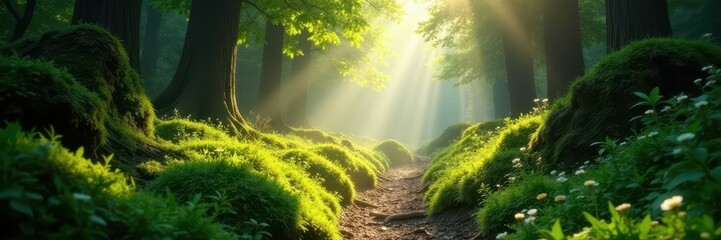 Sunbeams illuminate mossy path, vivid foliage overhead , trail, flora