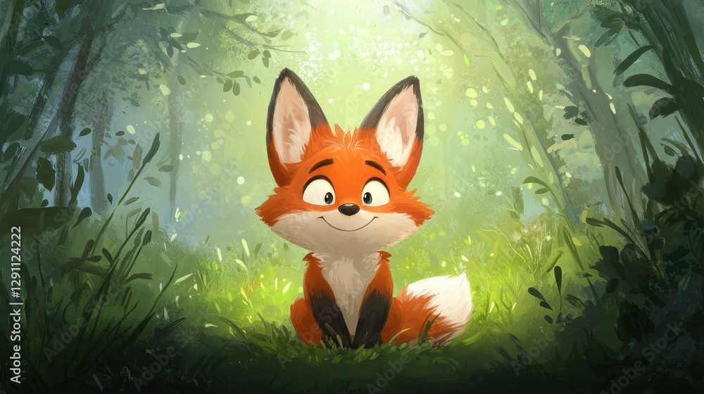 Poster cute animated fox character sitting in a lush green forest illuminated by soft natural light with a 