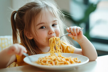 Cute little kid or child eating spaghetti at home. Generative AI