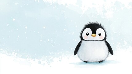 Cute and Adorable Cartoon Penguin Character on a Light Blue Background with Soft Snowy Texture for Kids' Theme and Winter Illustrations