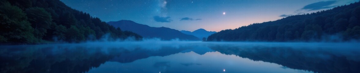 Obraz premium Misty lake reflects starry sky, fireflies twinkle, midnight summer hush , scene, night