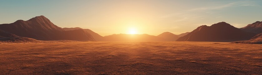 Fototapeta premium Majestic Sunset Over Vast Mountain Range and Golden Plains Scenic Landscape