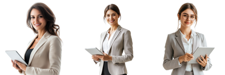 A Set of Empowered Businesswoman Engaged with a Tablet Demonstrating Cutting-Edge Skills and Executive Grace Isolated on transparent Background