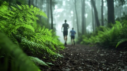 Fototapeta premium Two Men Jogging on Forest Trail Misty Morning Nature Run Fitness