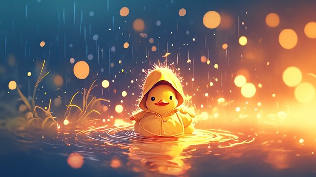 A cute duckling in a raincoat, splashing in the water under magical glowing lights.