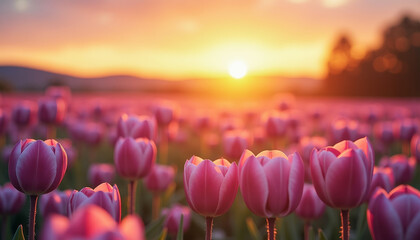 Field of pink tulips during sunset with purple theme for International Women's Day
