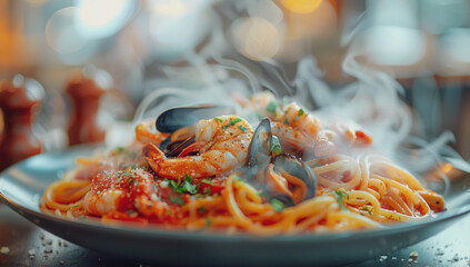 Hot plate of spaghetti with large shrimp and mussels perfectly cooked pasta served with juicy flavorful pieces of seafood and a rich marinara sauce on the table.  Selective focus