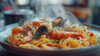 Hot plate of spaghetti with large shrimp and mussels perfectly cooked pasta served with juicy flavorful pieces of seafood and a rich marinara sauce on the table.  Selective focus