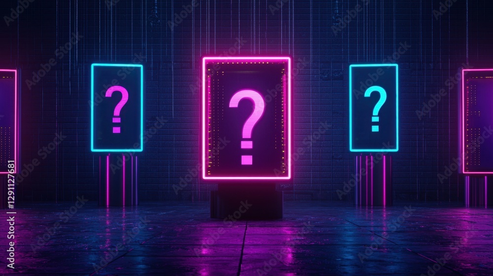 Poster mysterious neon question marks in futuristic setting with bright colors and dark background for crea