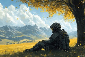 A soldier rests beneath a tree with the mountains in the background