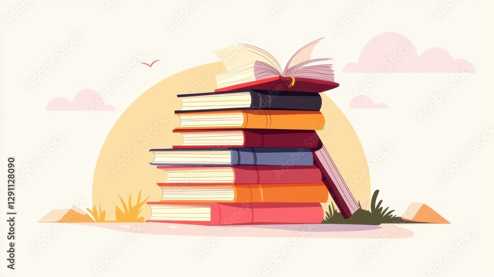 Poster colorful stack of books with open book and soft background in pastel tones illustrating knowledge an