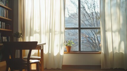Fototapeta premium A cozy Scandinavian-style space with soft flowing curtains and layered textiles.