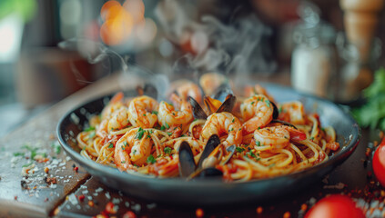 Hot plate of spaghetti with large shrimp and mussels perfectly cooked pasta served with juicy flavorful pieces of seafood and a rich marinara sauce on the table.  Selective focus