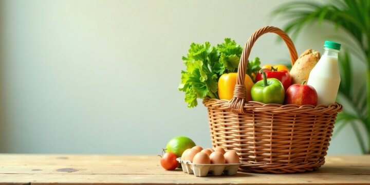 A wicker basket brimming with fresh produce, dairy, and baked goods, a wholesome collection of groceries ready for culinary creation on a rustic wooden surface