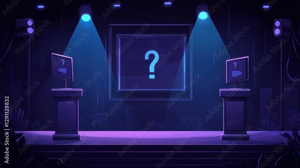 Poster futuristic stage setup with question mark and monitors under blue lights in a mysterious environment