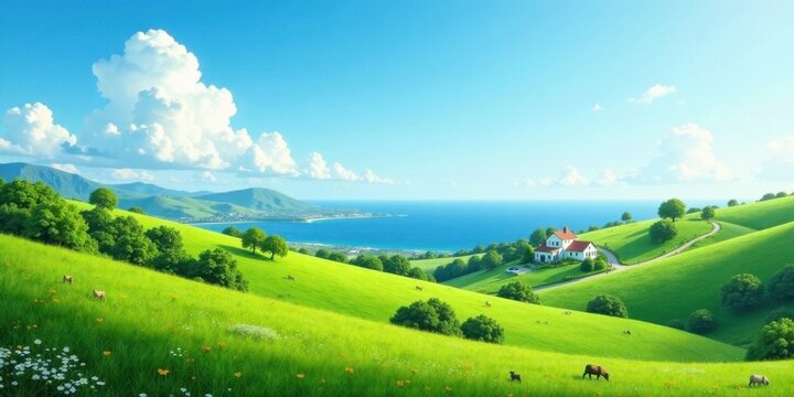Serene Coastal Farmhouse nestled in rolling green hills, overlooking a calm ocean under a bright summer sky with fluffy white clouds and grazing animals.