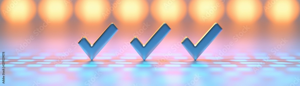 Poster three shiny check marks on a reflective surface with a blurred background of warm and cool lights