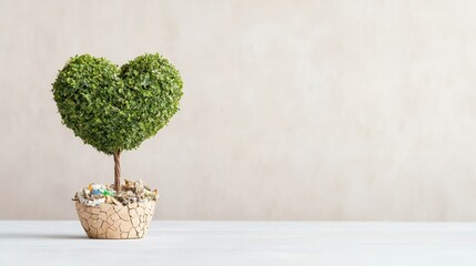 Fototapeta premium A heart-shaped green plant in a pot symbolizes love and nature, set against a simple, neutral background.